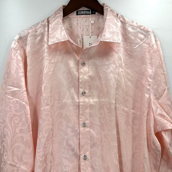 Zeroyaa Shirt Mens Button Down Long Sleeve Lightweight Leaves Pattern Pink XL - Picture 3 of 9